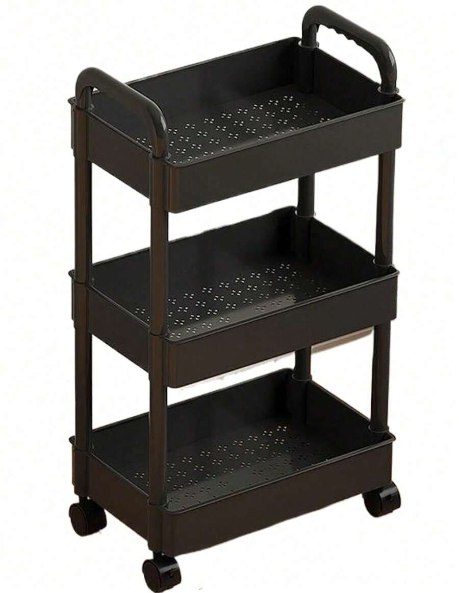 3 - Tier Rolling Storage Cart With Wheels, Multi - Layer Utility Trolley Organizer With Perforated Shelves For Bathroom, Kitchen, Office, Bedroom, Easy To Move And Assemble - 黑色 - 查看 1