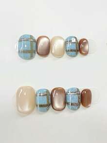 10pcs Pure Handmade Press On Nails Short Nails Oval Nails Blue And Brown Nails Retro Plaid Style Blue With Brown Cat Eye Hand-Painted Plaid Minimalist Versatile Press-On Nails For Women And Girl,Spring Summer Fall Winter Festivals Party And Daily Life Use Handmade Press On Nails - Multicolor - View 2