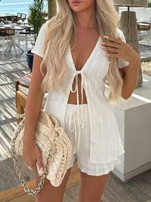 杏色短袖提花纹理面料露脐两件套波西米亚风度假套装，春夏款 - 杏色 - 查看 1