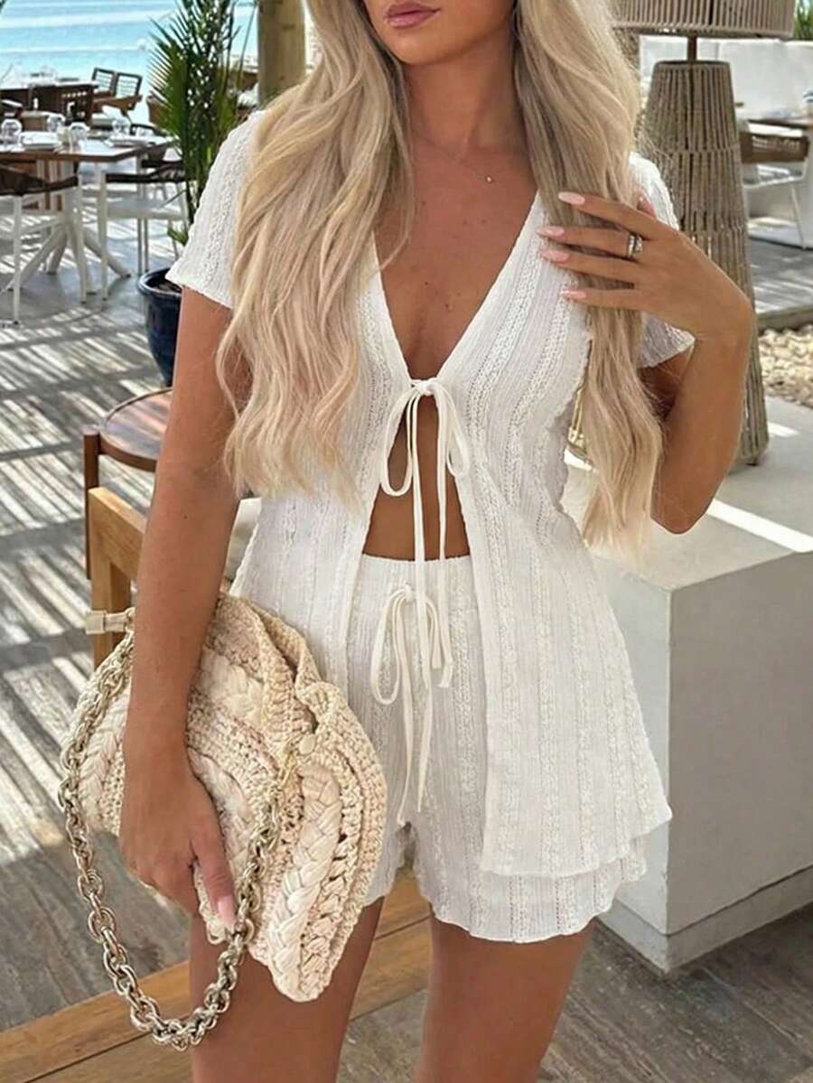 杏色短袖提花纹理面料露脐两件套波西米亚风度假套装，春夏款 - 杏色 - 查看 1