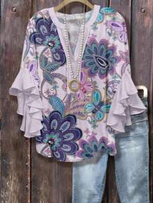 Boho Paisley Floral Print V-Neck Blouse With Double Ruffle Sleeves & Beaded Detail Oversized Casual Top[#RetroVibe #VacationMode #OOTD #FloralBlouse #RuffleSleeves] - Màu tím hoa cà - Xem 1