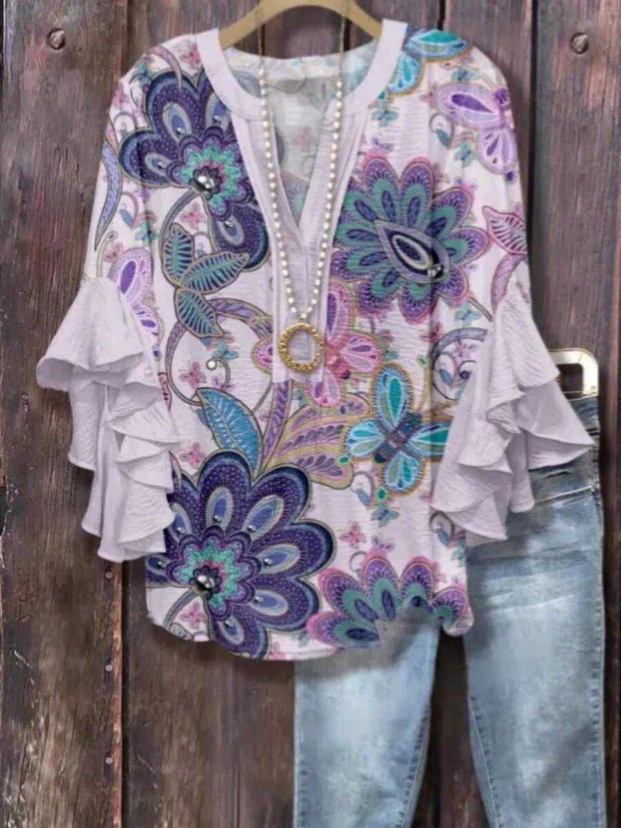 Boho Paisley Floral Print V-Neck Blouse With Double Ruffle Sleeves & Beaded Detail Oversized Casual Top[#RetroVibe #VacationMode #OOTD #FloralBlouse #RuffleSleeves] - Màu tím hoa cà - Xem 1