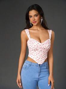 Women's Floral Print Asymmetric Hem Wide Strap Cropped Tank Top - Pink - View 5