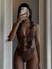 1 bộ áo tắm liền thân nữ màu trơn, thanh lịch, đính hạt và trang trí hoa bằng vải, buộc dây phía sau, thích hợp cho mùa xuân, hè, đi biển, lễ Phục sinh, ngày Thánh Patrick, đi chơi, lễ tốt nghiệp, kỳ nghỉ sang trọng. - Cà phê nâu - Xem 8