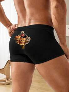 男士黑色可爱猫咪印花平角内裤，弹性舒适日常内裤 - 黑色 - 查看 4