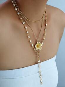 2pcs Fashionable Minimalist Flower Pendant Faux Pearl Y-Necklace, Layered Necklace For Women, Suitable For Vacation, Date, Party, Festival, Birthday, Daily Wear - Vàng - Xem 1