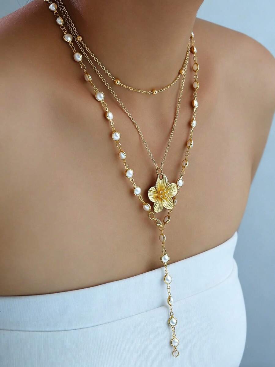 2pcs Fashionable Minimalist Flower Pendant Faux Pearl Y-Necklace, Layered Necklace For Women, Suitable For Vacation, Date, Party, Festival, Birthday, Daily Wear - Vàng - Xem 1