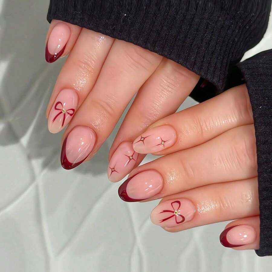 Red Bow Press On Nails - Short Oval Fake Nails, Red French Tip False Nails Press Ons With Star Design, Glossy Acrylic Full Cover Cute Glue On Nails For Women Manicure 24Pcs - 樣式-5 - 查看 1