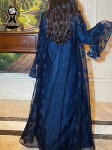 女士端庄优雅蕾丝长袖睡袍套装，无弹力面料，适合特殊场合 - 藏蓝色 - 查看 6