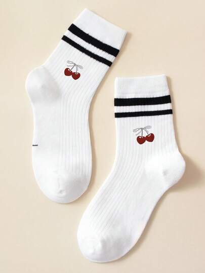 1 Pair Kids Cherry & Letter Pattern Unisex Casual Sports Mid-Calf Socks, Suitable For All Seasons