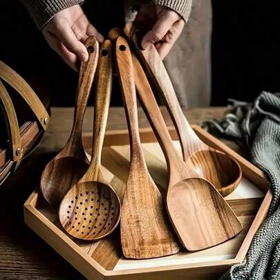 Juego de 5 piezas de cucharas y cucharones de madera con diseño de patrones, juego de utensilios de cocina de estilo bohemio de mimbre para la cocina