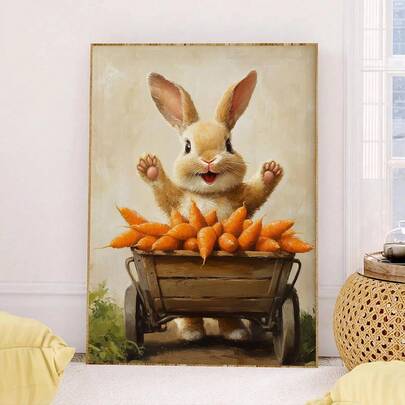 1pc, Canvas Wall Art, Framed Wall Decor, Adorable Rabbit And Carrot Canvas Painting - Whimsical Farm Animal Art, Rustic Rabbit Wall Art, Perfect For Kids' Room Or Kitchen, Vintage Rabbit Painting, Country Easter Wall Decor, Easter Decor, Easter Poster, Spring Decor, Spring Home Decor, Room Decor Aesthetics, Dorm Decor, Bedroom Decor, Living Room Decor, Bathroom Decor, Kitchen Decor, Dining Room Decor, Office Decor, College-Style Art, Apartment Decor, Vintage Easter Poster, Holiday Gift