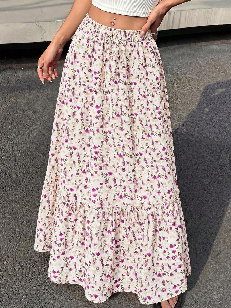 Women Floral Boho Elastic High Waist Flowy Tiered A-Line Maxi Skirt Spring Summer Holiday Beach Vacation Long Skirts With Pockets - 白色紫色花 - 查看 1