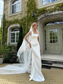 Pearl-Embellished Satin Square Neckline Wedding Dresses For Bride, Elegant Structured Wedding Top & Statement Straps, For The Modern Bride, Simple Style, Wedding Gown, Suitable For Wedding, Dating, Party, Singles' Party, Vacation, Bride,Formal Occasions, Dinner Dress, Prom Dress, Homecoming Dress, Cocktail Party, Bridal Gown - 白色 - 查看 6