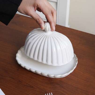 1pc Nordic Style Seashell Pattern Ceramic Butter Dish With Lid, Vintage Butter Storage Box Suitable For Home Kitchen, Baking, Restaurant Bread & Butter Serving, Outdoor Picnic, Ideal For Holiday Decor And Gifts