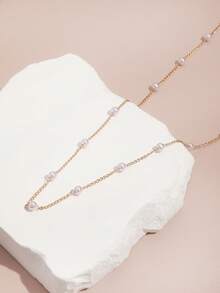 1pc Faux Pearl Necklace, Delicate Beaded Choker Necklace For Women - Gold - View 4