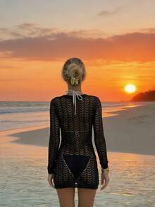 Vestido de punto semitransparente y sexy para mujer, adecuado para vacaciones, playa y uso diario - Negro - Ver 3