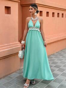 Women's Embroidered Floral Trim Spaghetti Strap A-Line Dress, Casual Vacation Fashion Dress, Spring/Summer - Turquoise - View 4