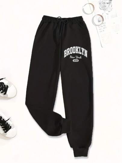 Mujer006 Pantalones largos cómodos y casuales para señora de cuatro estaciones Pantalones deportivos negros con el emblema de Brooklyn de Nueva York, un estilo clásico y cómodo para cualquier ocasión