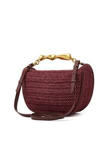Nueva bolsa de hombro para mujer, diseño de asa de metal, cierre con cremallera, bolso de paja tejido de moda casual para vacaciones - Burdeos - Ver 5