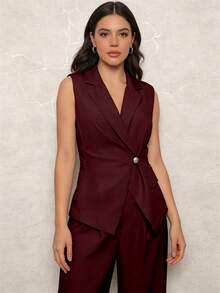 Tailored Vest And Wide-Leg Trousers Set With Decorative Closure, Made Of Louis Twill Fabric With Pockets. An Elegant And Powerful Look For Work, Events, And Meetings. A Sophisticated Two-Piece Set For Women Who Value Style And Confidence. - 酒紅色 - 查看 4