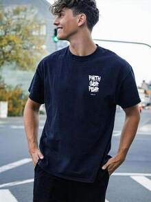 Men's Casual Short Sleeve T-Shirt, Letter Print - Navy Blue - View 2