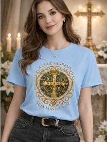 Catholic T-Shirt The Holy Cross Casual Comfort Gift Religion 100% Cotton - Màu xanh nhạt - Xem 1