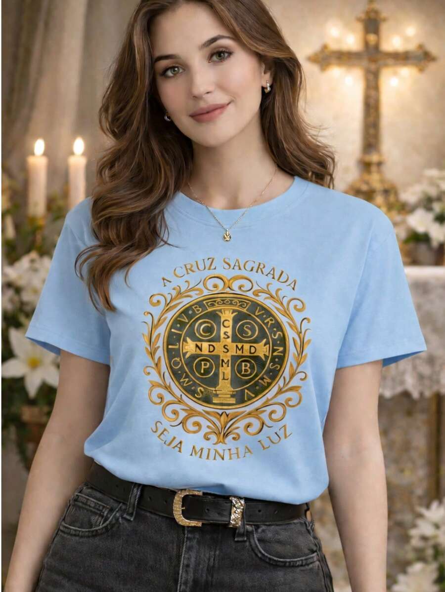 Catholic T-Shirt The Holy Cross Casual Comfort Gift Religion 100% Cotton - Màu xanh nhạt - Xem 1