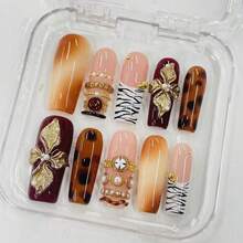 NailLuxe 10 PCS Handmade Square Press-On Nails | Amber Brown Gold Accent & Leopard Print Edgy Sweet Style With Amber Brown & Nude Bases, Gold Bangle & Leopard Print & Bow Embellishments - 摩卡棕 - 查看 7