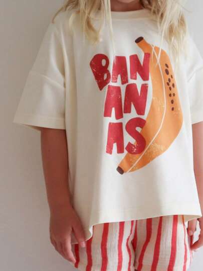 1pc Girls Casual Banana & Letter Print T-Shirt, Loose Round Neck Short Sleeve Top, European And American Style, Suitable For Summer Holiday