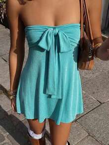 Women's Pleated Tie-Up A-Line Dress, Fashionable & Elegant Resort Wear, Spring/Summer Party - Blue - View 2