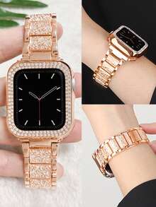 Compatible With Apple Watch Bands And Watch Protective Case Set, Includes Rhinestone Embedded Shiny Silver Metal Watch Band And Multi-Layer Diamond Protective Case To Protect From Scratches And Collisions - Rose Gold - View 9