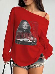 Summer Outfits, Graphic Print, Off-The-Shoulder Top, Y2K, Club, Date Night - Red - View 1
