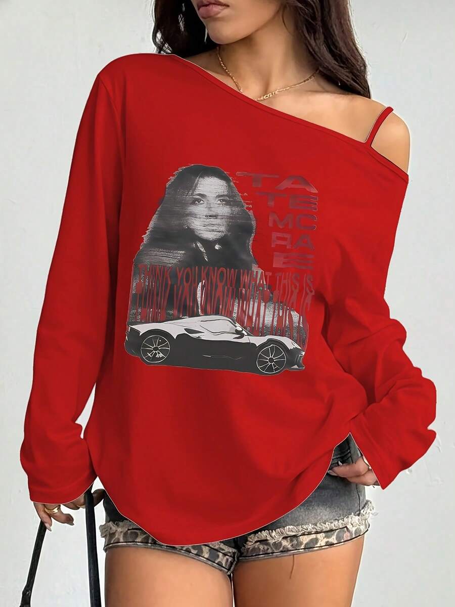 Summer Outfits, Graphic Print, Off-The-Shoulder Top, Y2K, Club, Date Night - Red - View 1