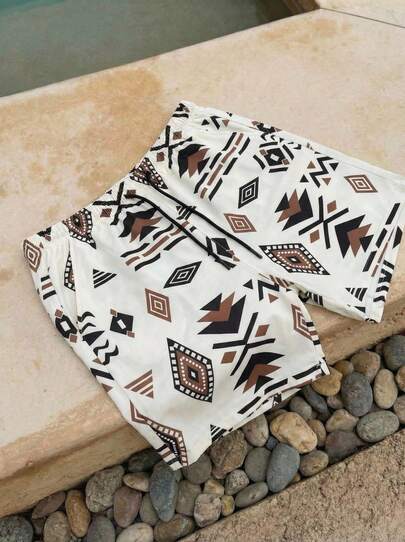 Open Phase Men's Casual Geometric Print Beach Shorts, Suitable For Seaside, Daily Wear In Spring And Summer, Also Suitable For School, Hawaiian