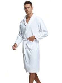 1 chiếc áo choàng dài tay dày dặn, unisex, đồ mặc nhà mềm mại có túi, áo choàng tắm đôi cho mùa thu/đông, đồ dùng phòng tắm - trắng - Xem 6
