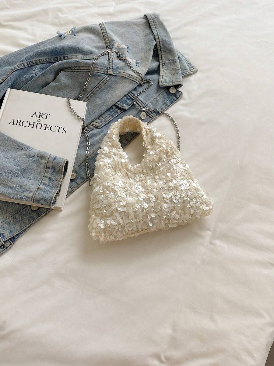 1pc Quilted Open-Close PVC Sequin Small Square Bag, Fashion Shiny Sequin Coin Purse Phone Bag, Women's Party Event Bag, New Stylish Chain Crossbody Bag, Shiny Glitter Chic Shoulder Bag, Suitable For Women To Attend Banquets And Parties , - Beige - View 1