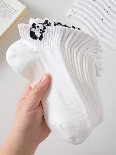 5 Pairs Cute Panda Pattern White Women's Non-Slip Ankle Socks, Comfortable Breathable Invisible Socks, Suitable For Spring And Summer