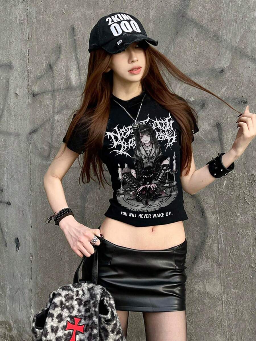 Áo thun nữ cổ tròn tay ngắn kiểu Mỹ, in chữ thời trang mùa hè, dáng ôm vừa vặn, áo crop top casual - màu đen - Xem 1