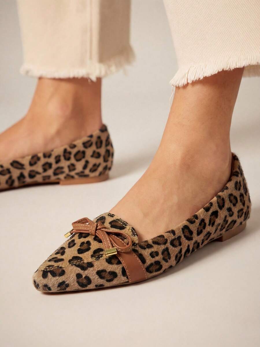 Women's Pointed Toe Flats With Comfortable Leopard Print Fur | Caramel Bow - Multicolor - View 1
