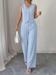 Women's Summer Two Piece Outfit Fashion Button Down V Neck Wheat Vest Blazer And Wide Leg Pants Suit Matching Set - 天藍色 - 查看 3
