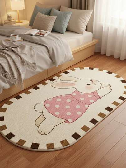 1pc Soft & Cute Rabbit Story | Healing Cartoon Rabbit Print Floor Mat, Oval Bedroom Bedside Rug, Cream Aesthetic Decor Carpet, Adorable Girly, Viral Photogenic, Healing Bedroom Rug, Decorative Carpet, Bedroom Decor, Small Rug, Carpet, Home Decor, Bedroom Rug, Living Room Home Decor, Outdoor Rug, Washable Carpet