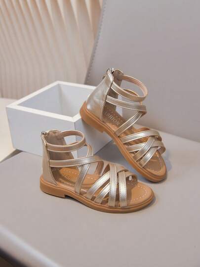 1 Pair Girls' Metallic Color Flat Sandals, Roman Style High-Top Strap Design, Suitable For Summer Outdoor Travel & Vacation