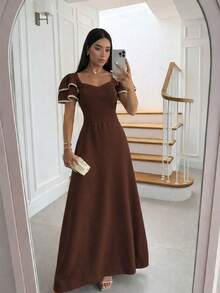 Elegant Women's Long Dress, Solid Color Wedding Party Dress, Puff Sleeves, Suitable For Work, Casual, Holidays, And More. - 鏽棕色 - 查看 4