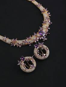 3件套奢华珠宝风格铜质立方氧化锆项链耳环套装，适合搭配婚纱、晚宴礼服。 - 華麗套裝 - 查看 8