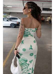 Women's Strapless Midi Dress Tropical Summer - 綠色 - 查看 2