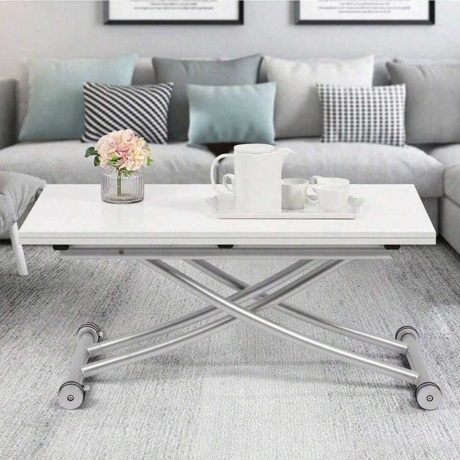 Extendable Dining Table, Modern Height Adjustable Coffee Table, White Party Table For Living Room, Dining Room - White - View 1