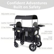 Kinder King Wagon Stroller For 2 Kids, All-Terrain Foldable Outdoor Stroller Wagon 2 Seater, Removable Canopy, Adjustable Handle, Shock-Absorbing Wheel, Detachable Tray, Large Storage, All Black - All Black - View 6