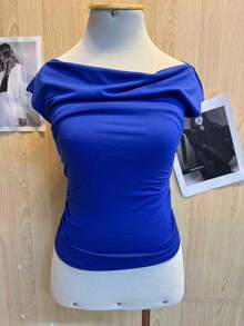 Women's Off-The-Shoulder Summer Blouse - 寶藍色 - 查看 2