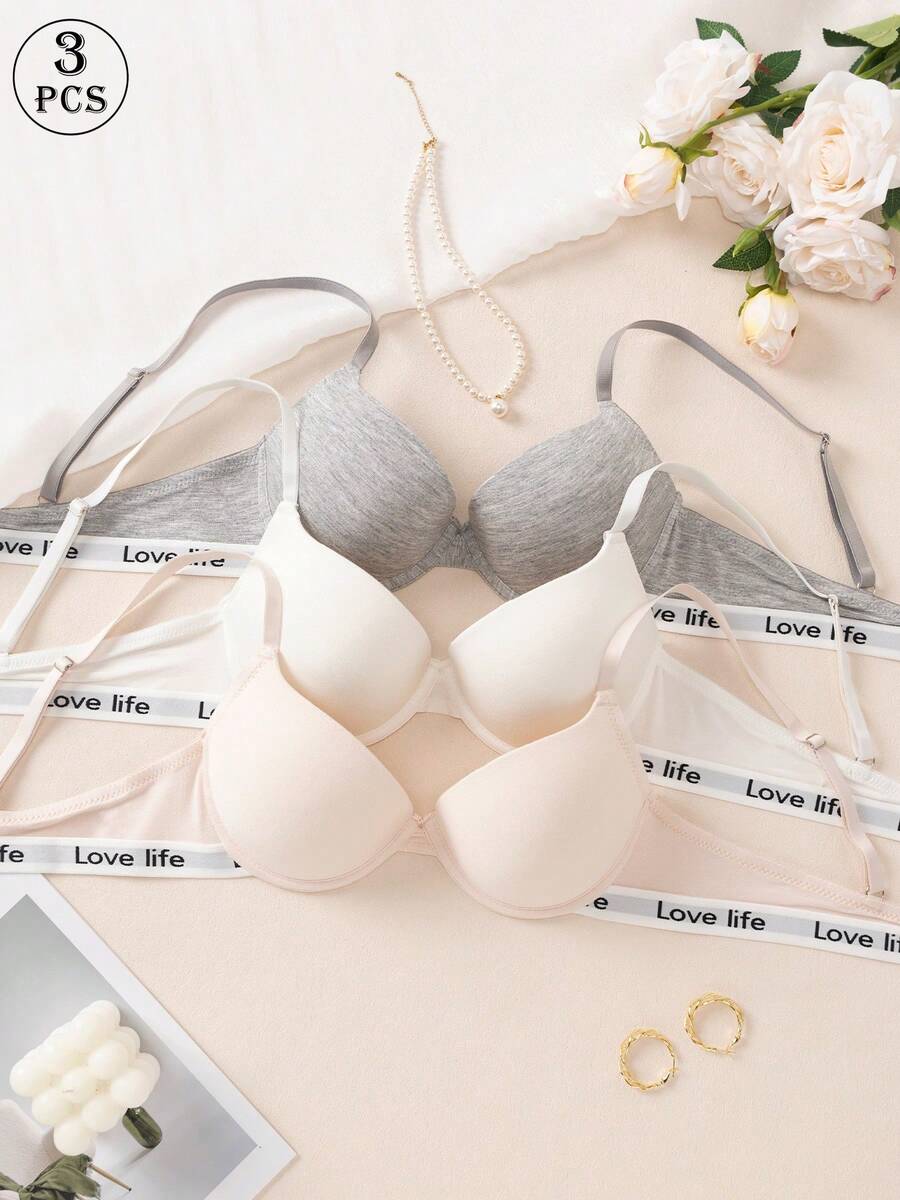 Conjunto de 3 piezas de sujetador inalámbrico con decoración de letras de unicolor - Multicolor - Ver 1